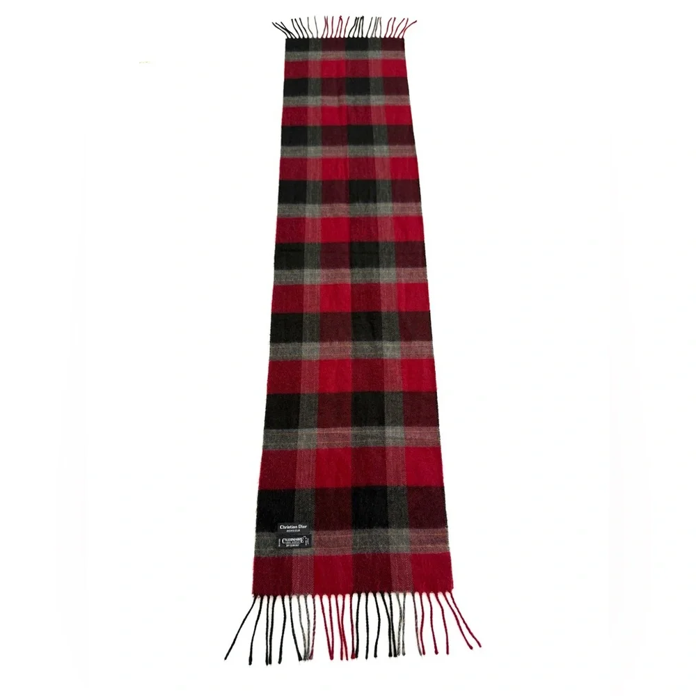 Christian Dior Monsieur Plaid Fringe Red Cashmere 100% Acrylic Scarf